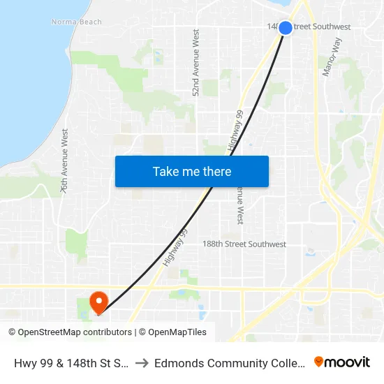 Hwy 99 & 148th St SW to Edmonds Community College map