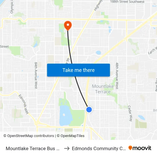 Mountlake Terrace Bus Station to Edmonds Community College map