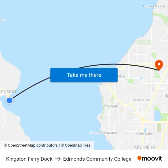 Kingston Ferry Dock to Edmonds Community College map