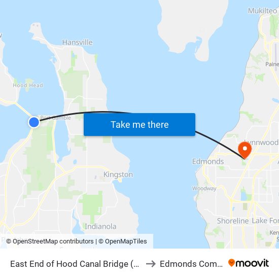 East End of Hood Canal Bridge (Highway 3 and Highway 104) to Edmonds Community College map