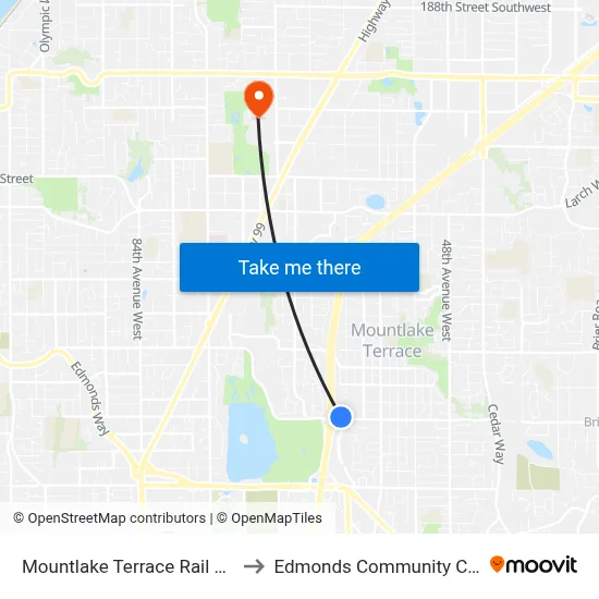 Mountlake Terrace Rail Station to Edmonds Community College map