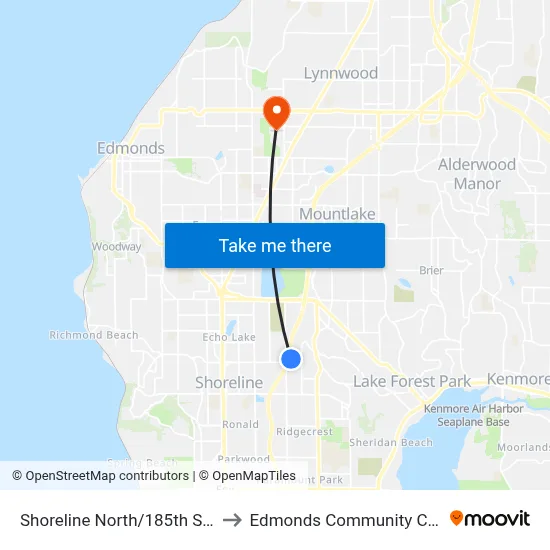 Shoreline North/185th Station to Edmonds Community College map