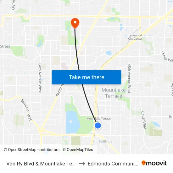 Van Ry Blvd & Terrace Station to Edmonds Community College map