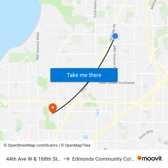 44th Ave W & 168th St SW to Edmonds Community College map