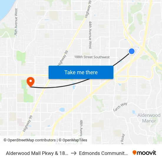 Alderwood Mall Pkwy & 184th St SW to Edmonds Community College map