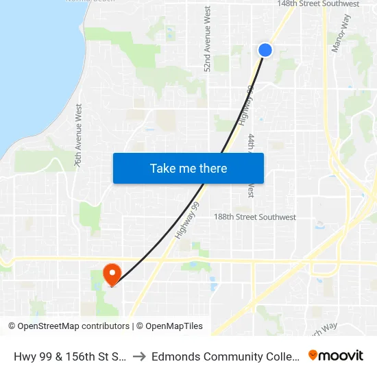 Hwy 99 & 156th St SW to Edmonds Community College map