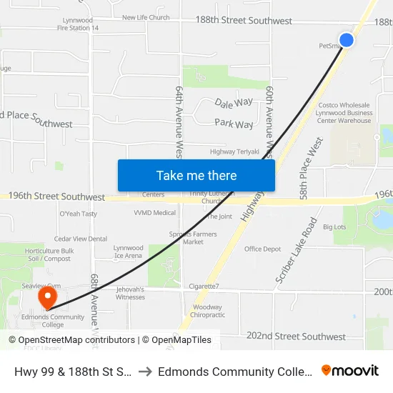 Hwy 99 & 188th St SW to Edmonds Community College map
