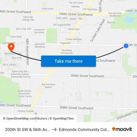 200th St SW & 56th Ave W to Edmonds Community College map