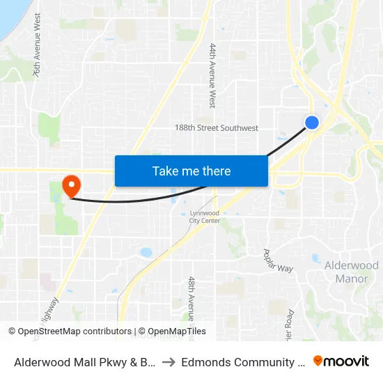 Alderwood Mall Pkwy & Beech Rd to Edmonds Community College map