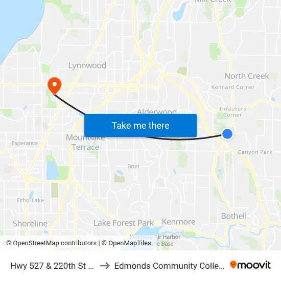 Hwy 527 & 220th St SE to Edmonds Community College map