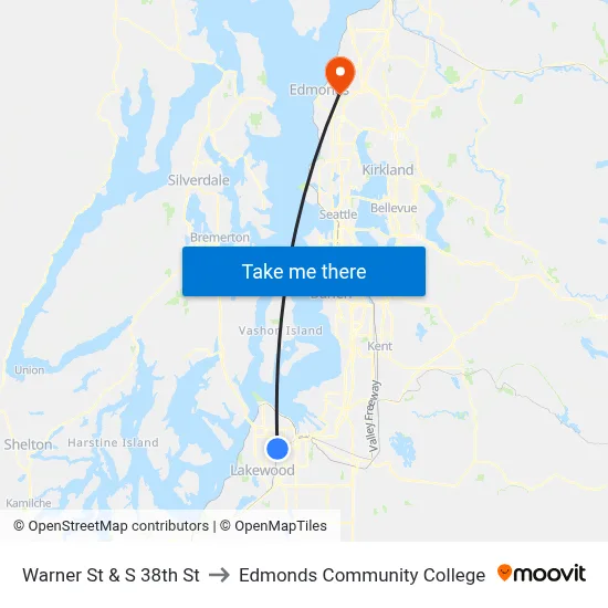 Warner St & S 38th St to Edmonds Community College map