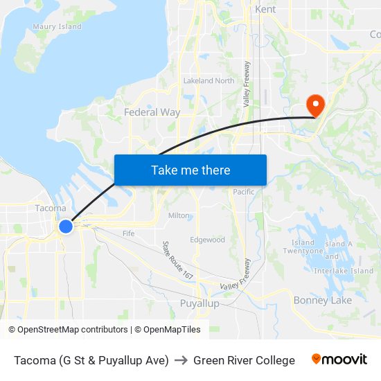 Tacoma (G St & Puyallup Ave) to Green River College map