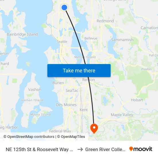 NE 125th St & Roosevelt Way NE to Green River College map