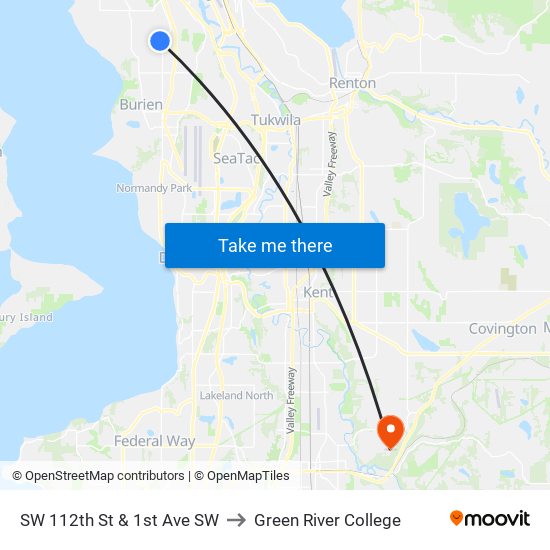 SW 112th St & 1st Ave SW to Green River College map