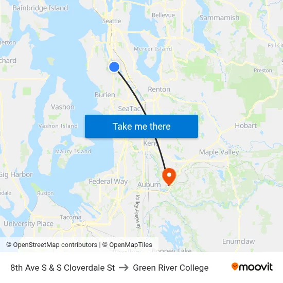 8th Ave S & S Cloverdale St to Green River College map