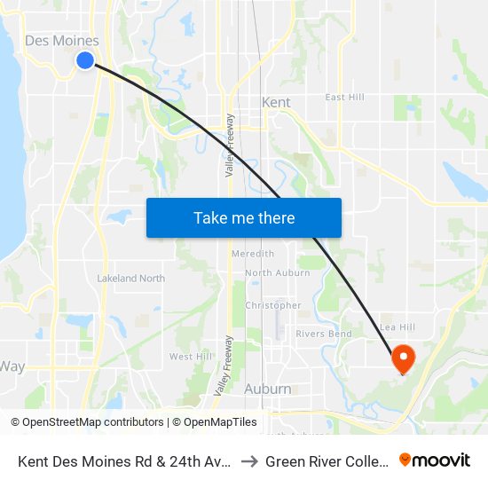 Kent Des Moines Rd & 24th Ave S to Green River College map