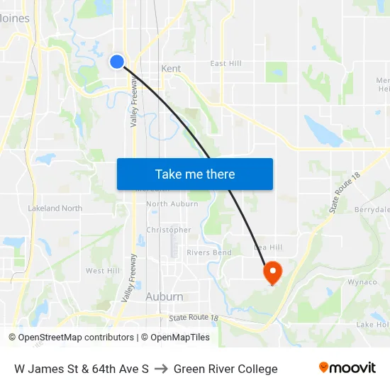 W James St & 64th Ave S to Green River College map