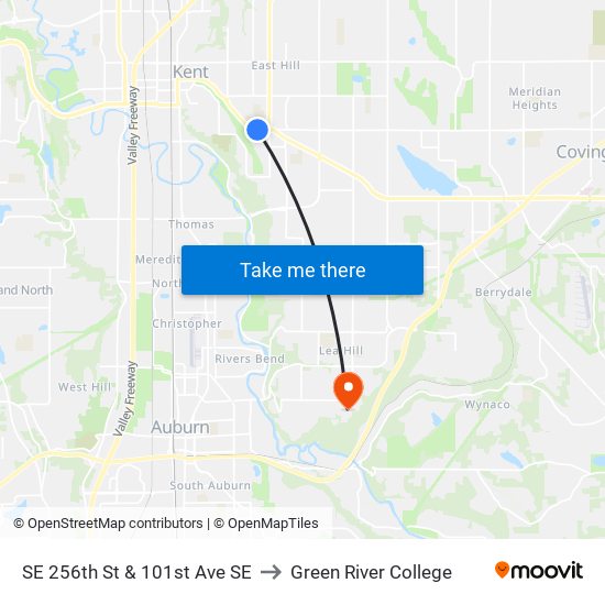 SE 256th St & 101st Ave SE to Green River College map