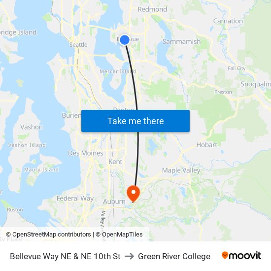 Bellevue Way NE & NE 10th St to Green River College map