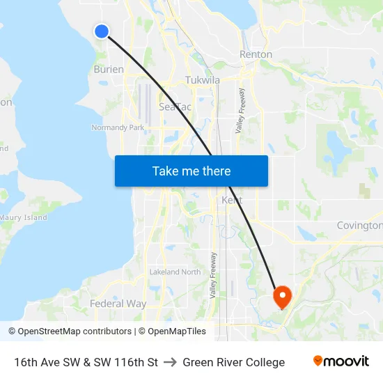 16th Ave SW & SW 116th St to Green River College map