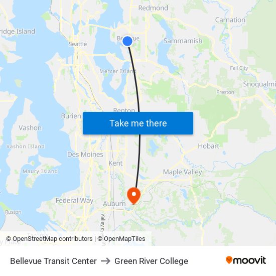 Bellevue Transit Center to Green River College map