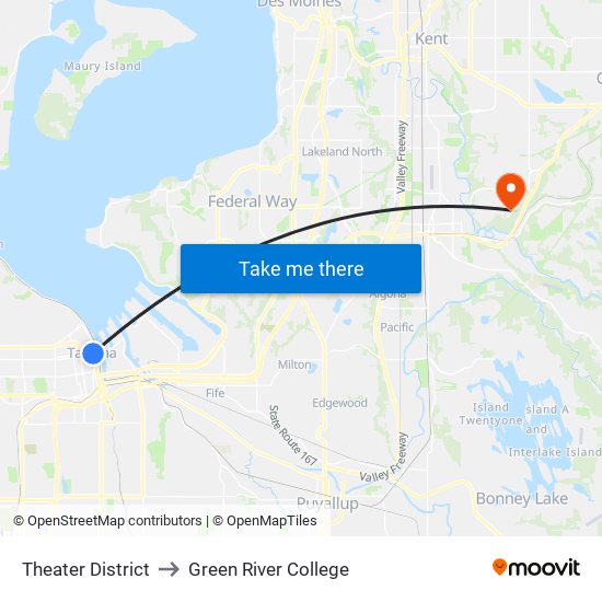 Theater District to Green River College map