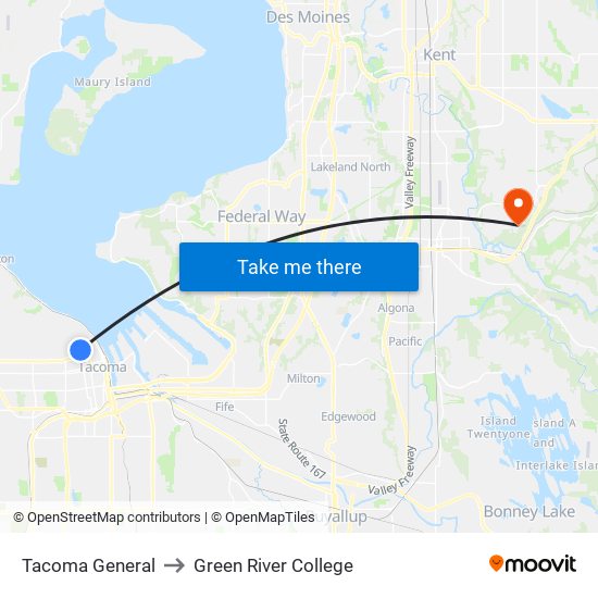 Tacoma General to Green River College map