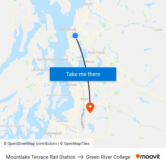 Mountlake Terrace Rail Station to Green River College map