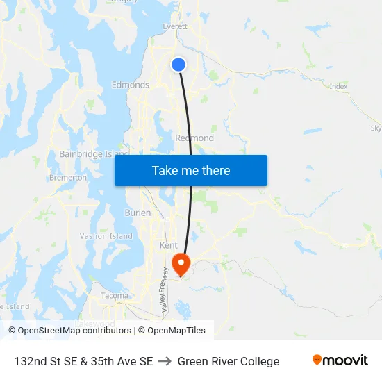 132nd St SE & 35th Ave SE to Green River College map