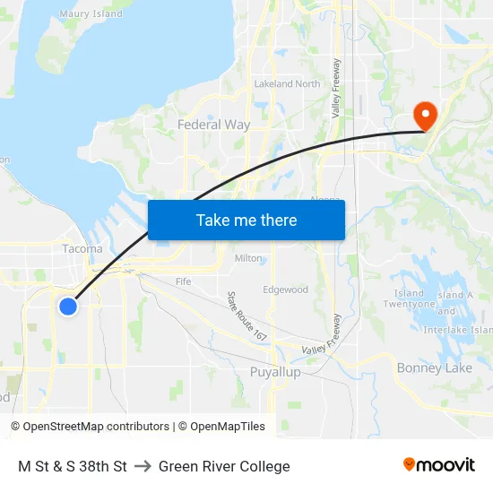 M St & S 38th St to Green River College map