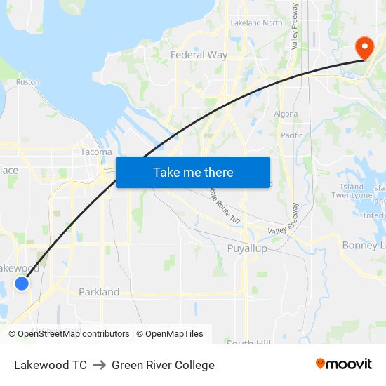 Lakewood TC to Green River College map