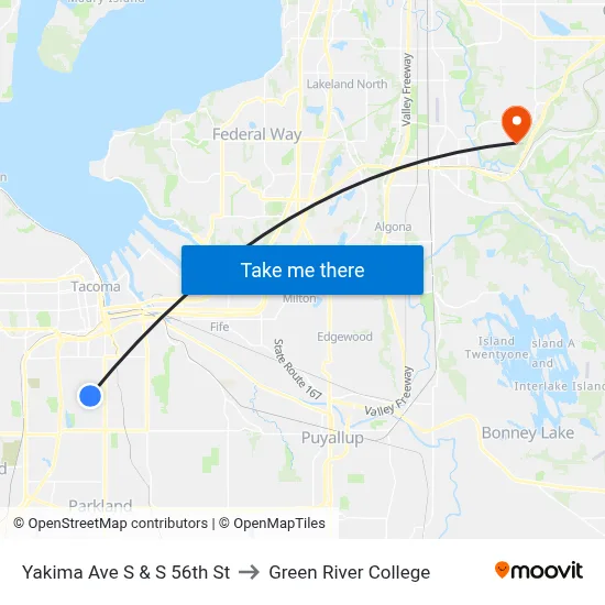 Yakima Ave S & S 56th St to Green River College map