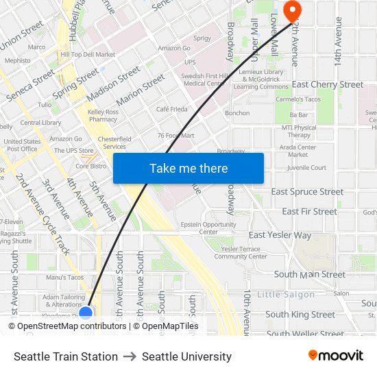 Seattle Train Station to Seattle University map