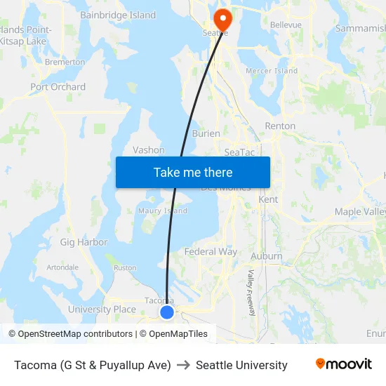 Tacoma (G St & Puyallup Ave) to Seattle University map