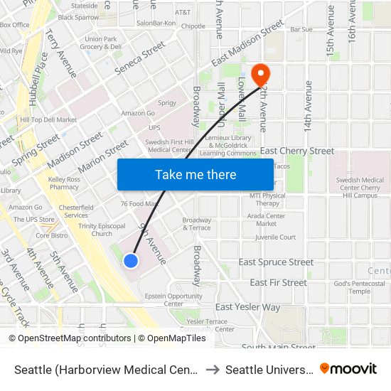 Seattle (Harborview Medical Center) to Seattle University map