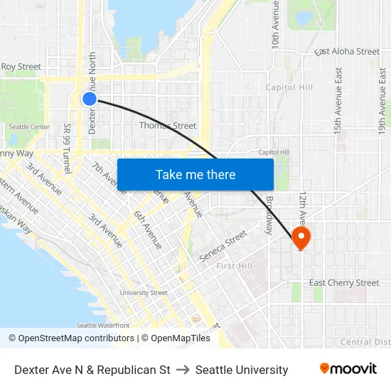 Dexter Ave N & Republican St to Seattle University map