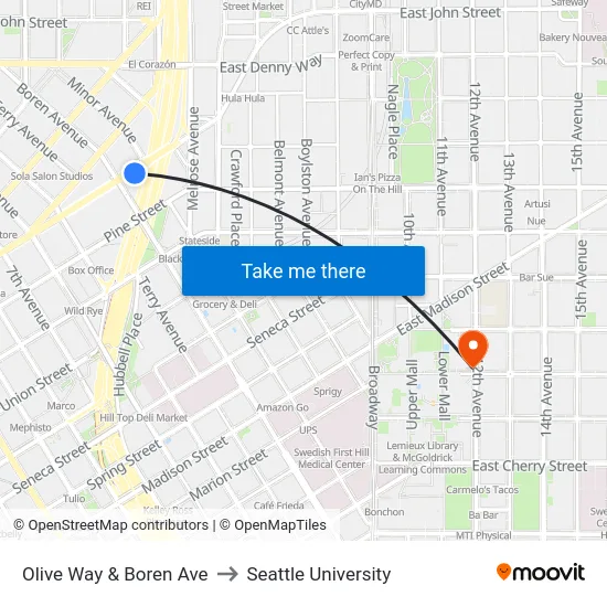 Olive Way & Boren Ave to Seattle University map