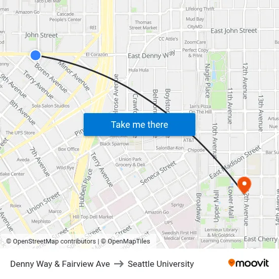 Denny Way & Fairview Ave to Seattle University map