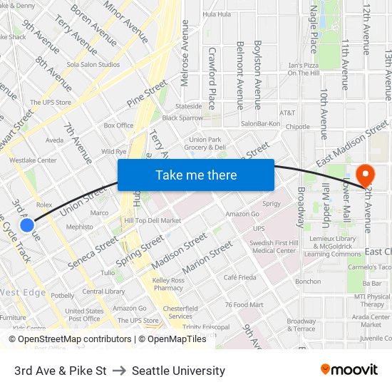 3rd Ave & Pike St to Seattle University map