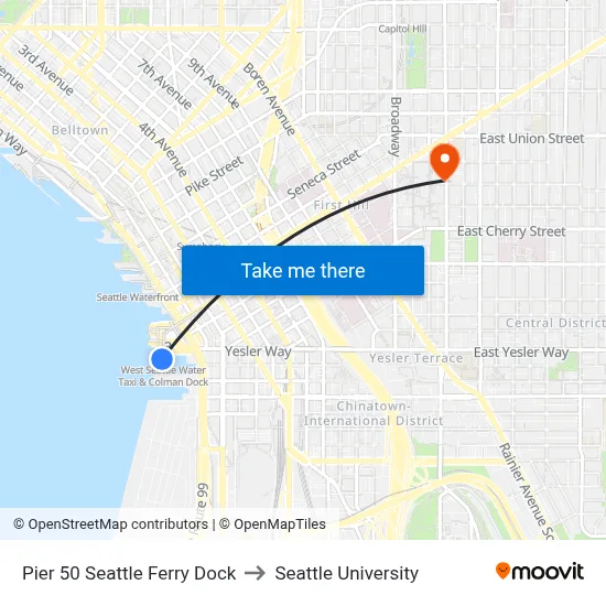 Pier 50 Seattle Ferry Dock to Seattle University map