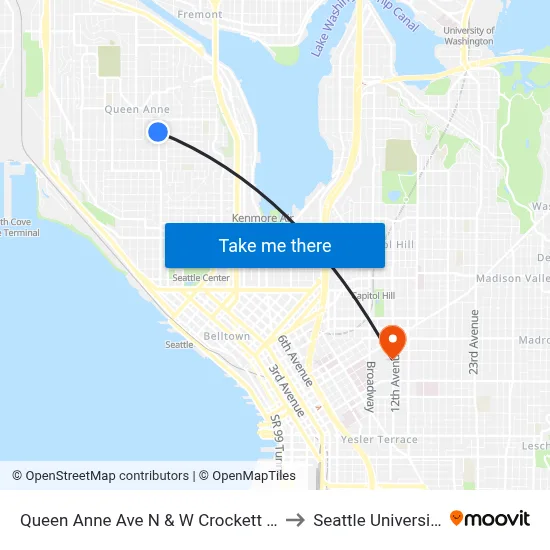 Queen Anne Ave N & W Crockett St to Seattle University map