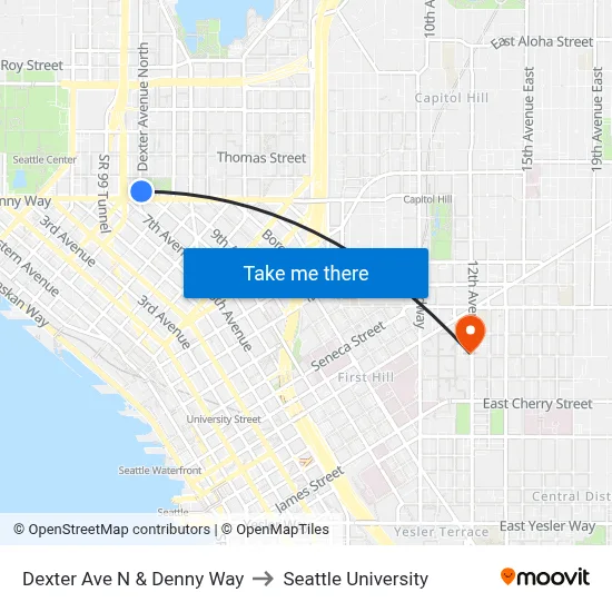 Dexter Ave N & Denny Way to Seattle University map
