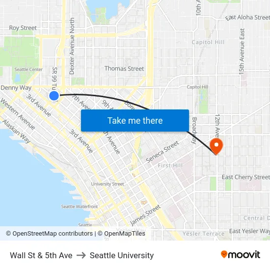 Wall St & 5th Ave to Seattle University map