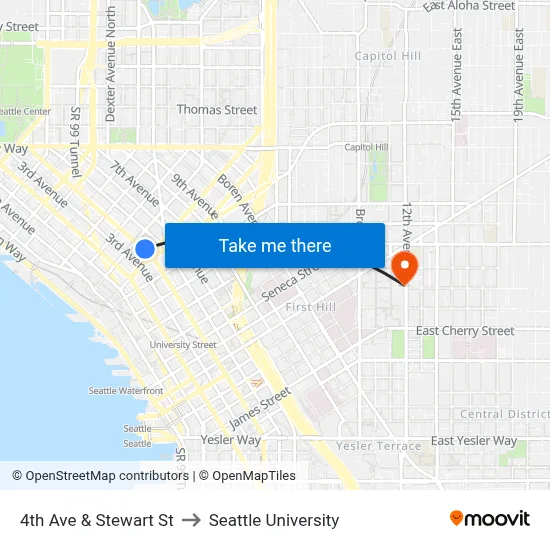 4th Ave & Stewart St to Seattle University map