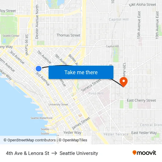 4th Ave & Lenora St to Seattle University map