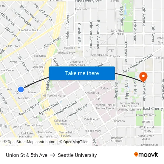 Union St & 5th Ave to Seattle University map