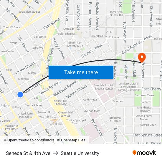 Seneca St & 4th Ave to Seattle University map