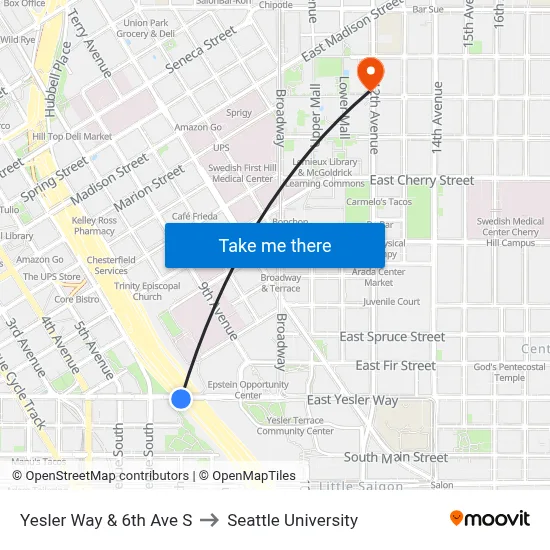 Yesler Way & 6th Ave S to Seattle University map