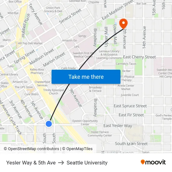 Yesler Way & 5th Ave to Seattle University map