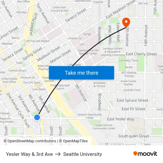 Yesler Way & 3rd Ave to Seattle University map